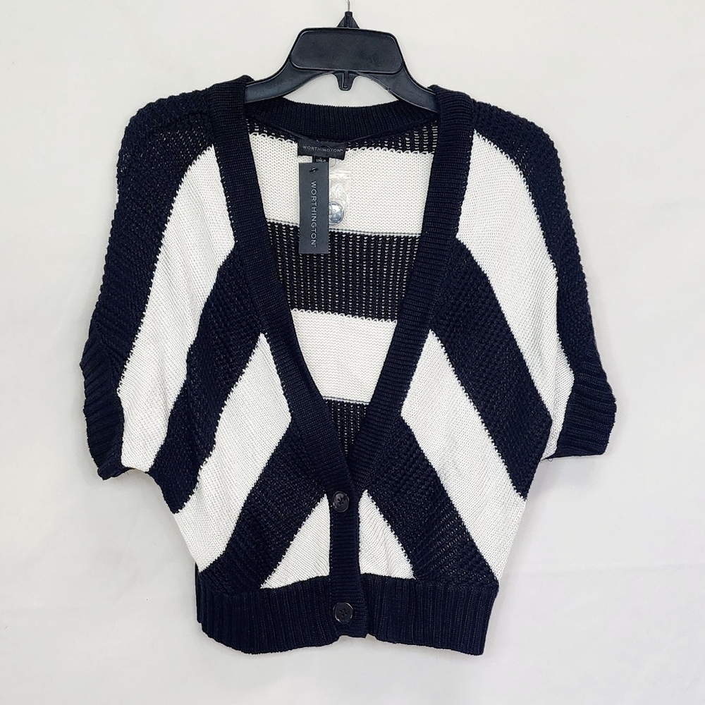 Worthington Black & White Cropped Knit Short Sleeve Double Button Cardigan